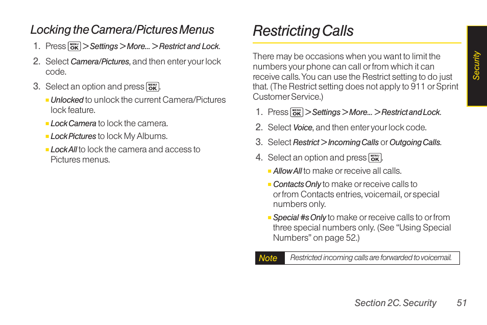 Restricting calls, Locking the camera/pictures menus | Sanyo Katana LX User Manual | Page 63 / 165