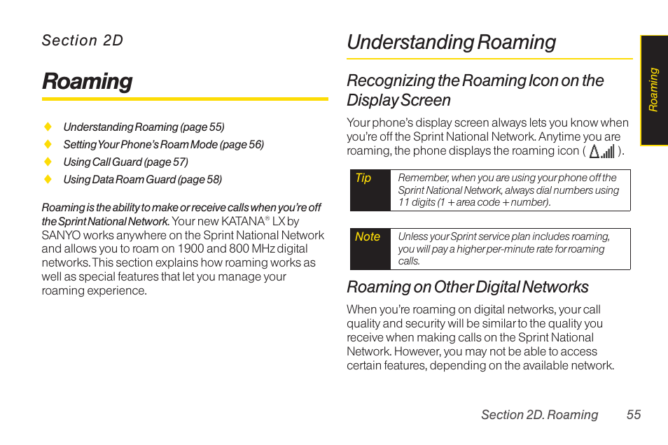 2d roaming, Understanding roaming, 2d. roaming | Roaming, Recognizing the roaming icon on the display screen, Roaming on other digital networks | Sanyo Katana LX User Manual | Page 67 / 165