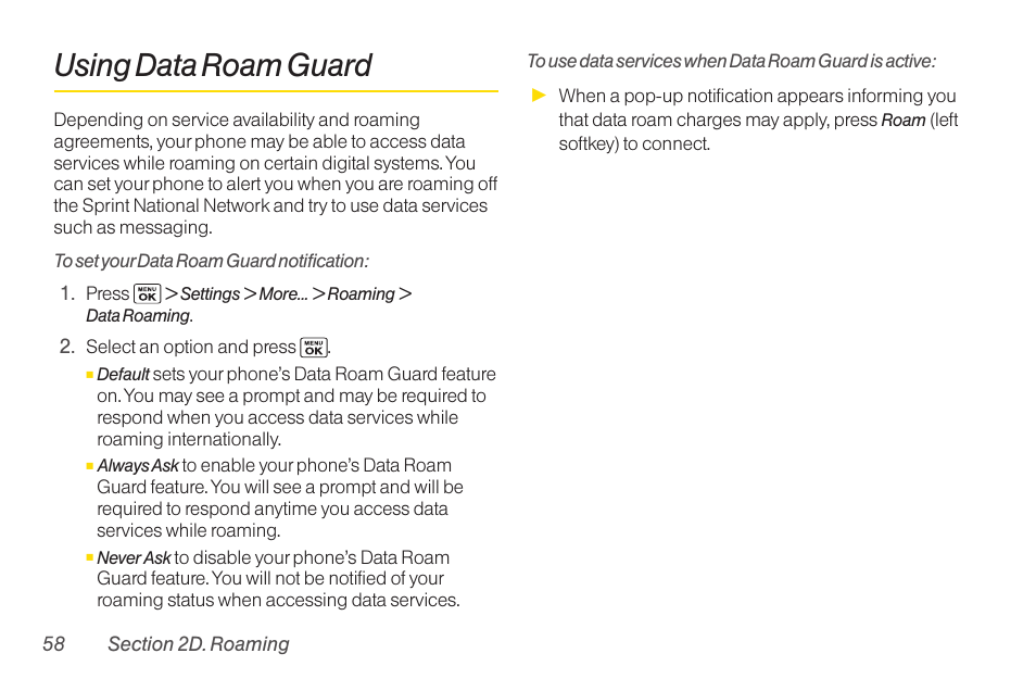 Using data roam guard | Sanyo Katana LX User Manual | Page 70 / 165