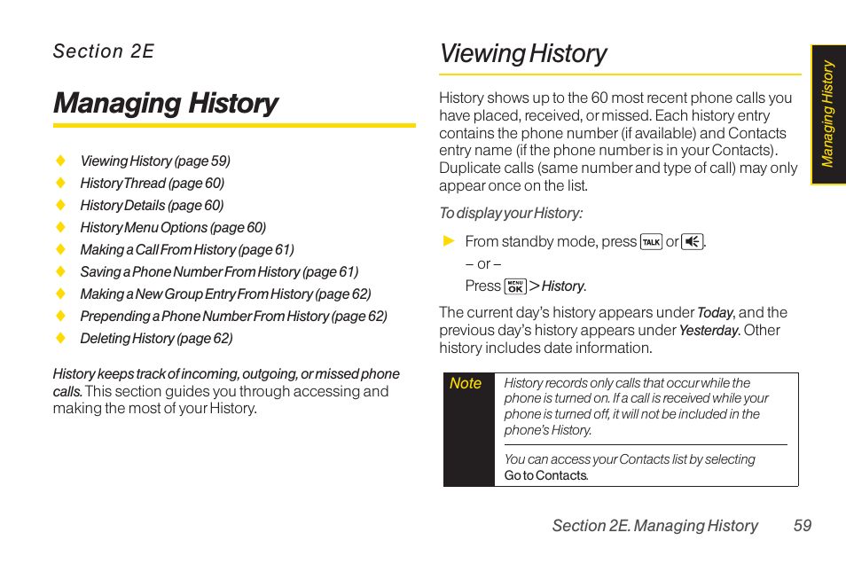 2e managing history, Viewing history, 2e. managing history | Managing history | Sanyo Katana LX User Manual | Page 71 / 165