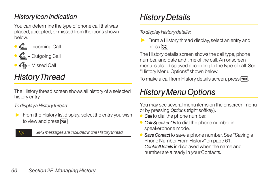 History thread, History details, History menu options | History icon indication | Sanyo Katana LX User Manual | Page 72 / 165
