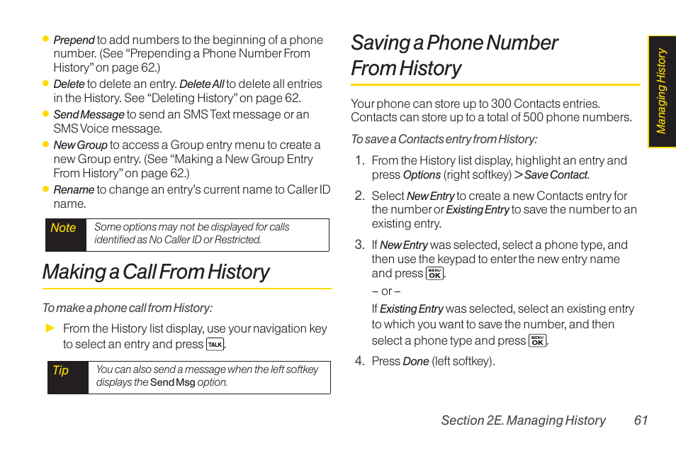 Making a call from history, Saving a phone number from history | Sanyo Katana LX User Manual | Page 73 / 165