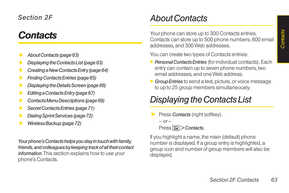 2f contacts, About contacts, Displaying the contacts list | 2f. contacts, Contacts | Sanyo Katana LX User Manual | Page 75 / 165