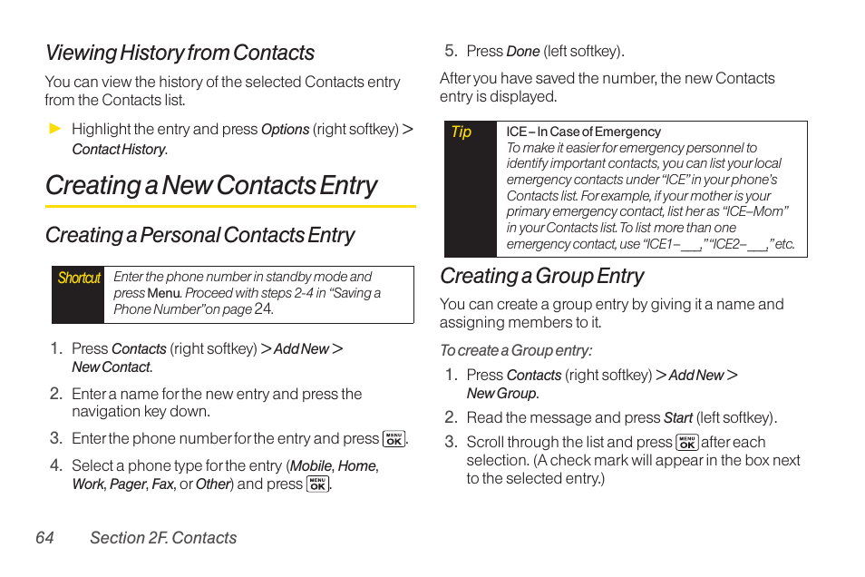 Creating a new contacts entry, Viewing history from contacts, Creating a personal contacts entry | Creating a group entry | Sanyo Katana LX User Manual | Page 76 / 165