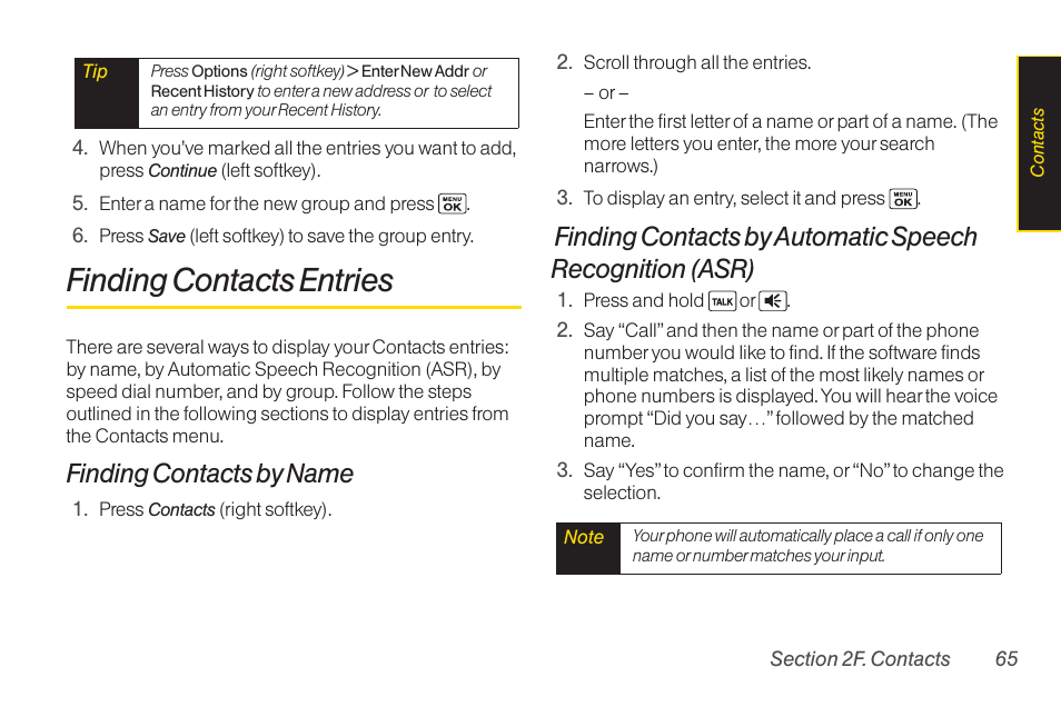 Finding contacts entries, Finding contacts by name | Sanyo Katana LX User Manual | Page 77 / 165