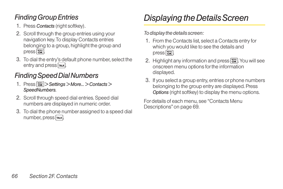 Displaying the details screen, Finding group entries, Finding speed dial numbers | Sanyo Katana LX User Manual | Page 78 / 165