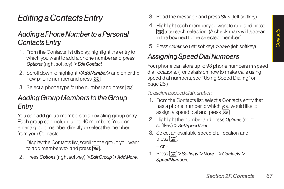 Editing a contacts entry, Adding a phone number to a personal contacts entry, Adding group members to the group entry | Assigning speed dial numbers | Sanyo Katana LX User Manual | Page 79 / 165
