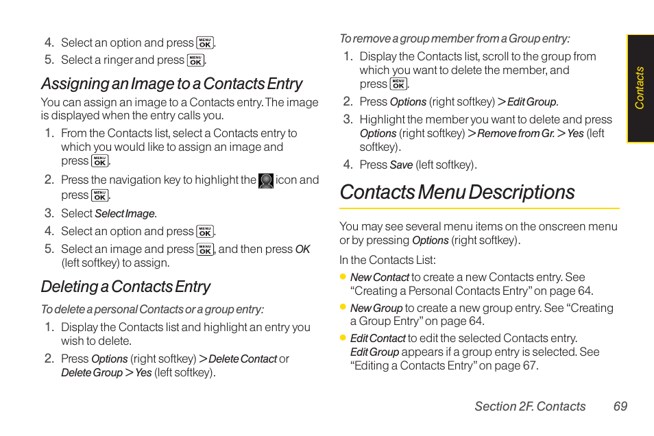 Contacts menu descriptions, Assigning an image to a contacts entry, Deleting a contacts entry | Sanyo Katana LX User Manual | Page 81 / 165