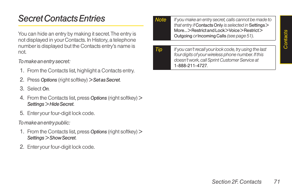 Secret contacts entries | Sanyo Katana LX User Manual | Page 83 / 165
