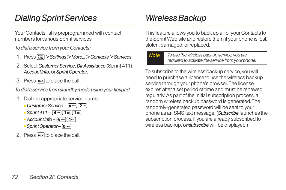 Dialing sprint services, Wireless backup | Sanyo Katana LX User Manual | Page 84 / 165