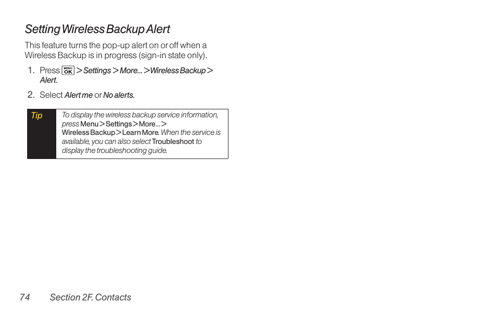 Setting wireless backup alert | Sanyo Katana LX User Manual | Page 86 / 165