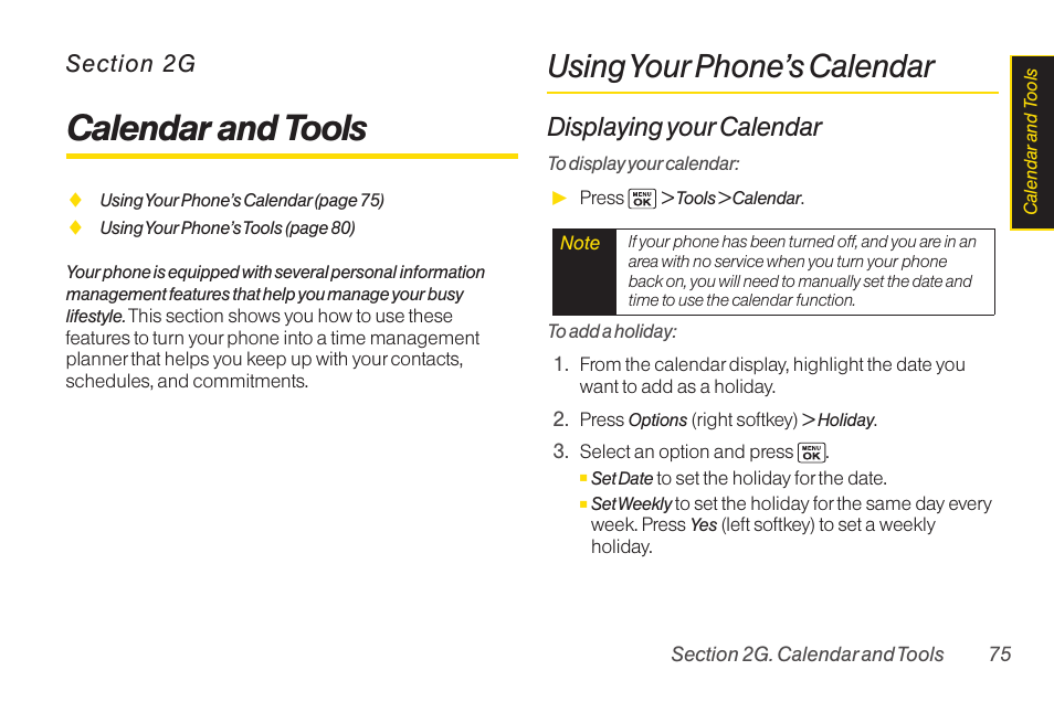 2g calendar and tools, Using your phone’s calendar, 2g. calendar and tools | Calendar and tools, Displaying your calendar | Sanyo Katana LX User Manual | Page 87 / 165