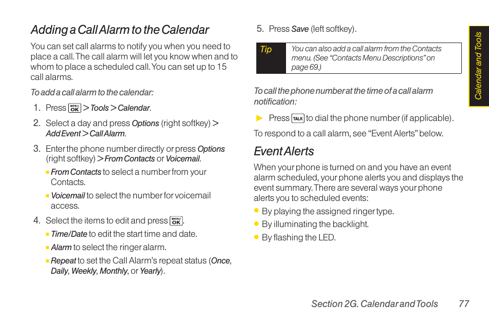 Adding a call alarm to the calendar, Event alerts | Sanyo Katana LX User Manual | Page 89 / 165