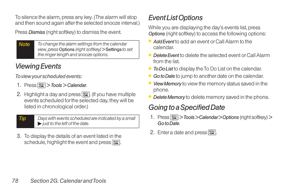Viewing events, Event list options, Going to a specified date | Sanyo Katana LX User Manual | Page 90 / 165