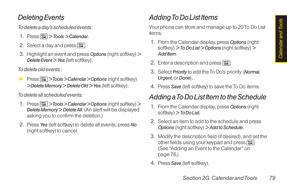 Deleting events, Adding to do list items, Adding a to do list item to the schedule | Sanyo Katana LX User Manual | Page 91 / 165