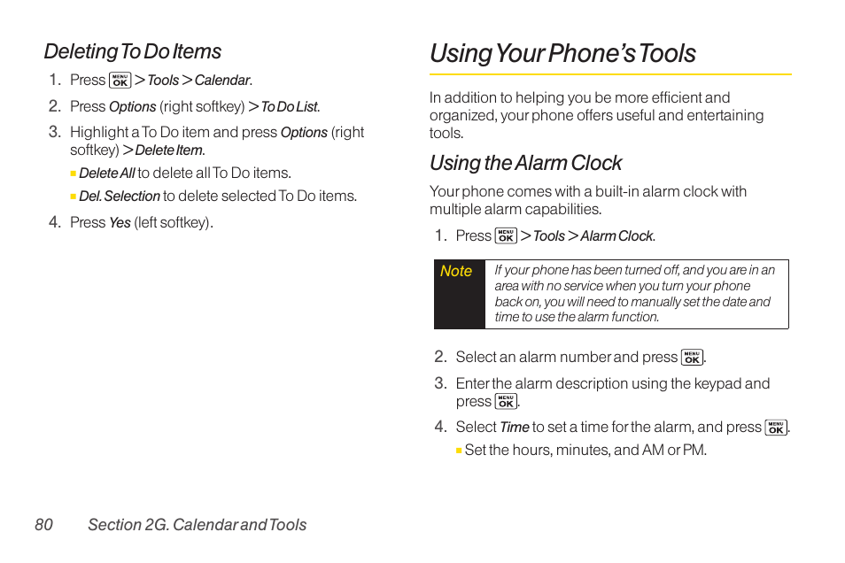 Using your phone’s tools, Deleting to do items, Using the alarm clock | Sanyo Katana LX User Manual | Page 92 / 165
