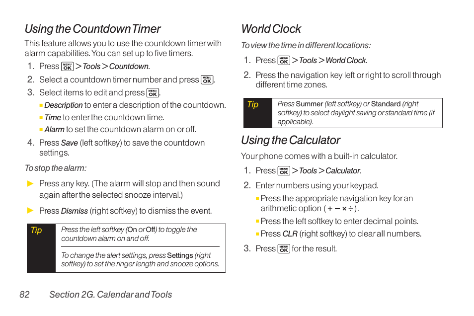 Using the countdown timer, World clock, Using the calculator | Sanyo Katana LX User Manual | Page 94 / 165