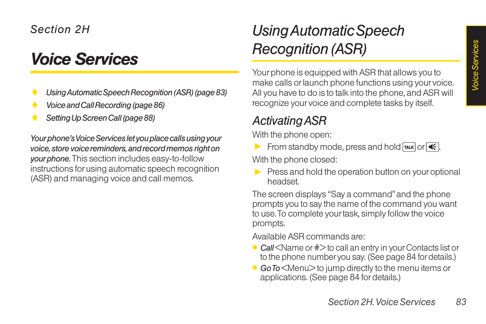 2h voice services, Using automatic speech recognition (asr), 2h. voice services | Voice services, Activating asr | Sanyo Katana LX User Manual | Page 95 / 165