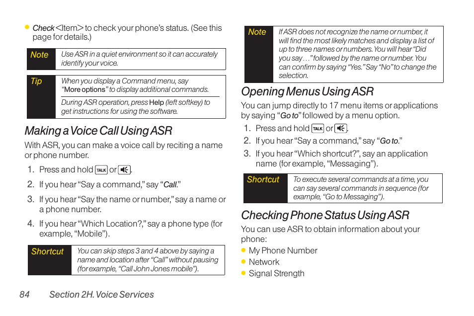 Making a voice call using asr, Opening menus using asr, Checking phone status using asr | Sanyo Katana LX User Manual | Page 96 / 165