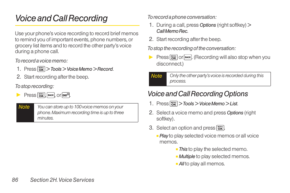 Voice and call recording, Voice and call recording options | Sanyo Katana LX User Manual | Page 98 / 165
