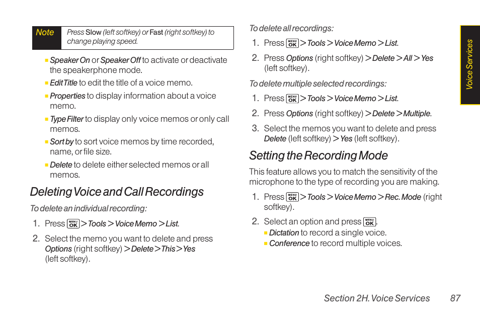 Deleting voice and call recordings, Setting the recording mode | Sanyo Katana LX User Manual | Page 99 / 165