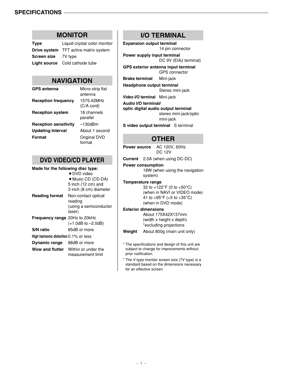 Specifications, I/o terminal, Other | Navigation, Dvd video/cd player monitor | Sanyo NV-E7000 User Manual | Page 2 / 68