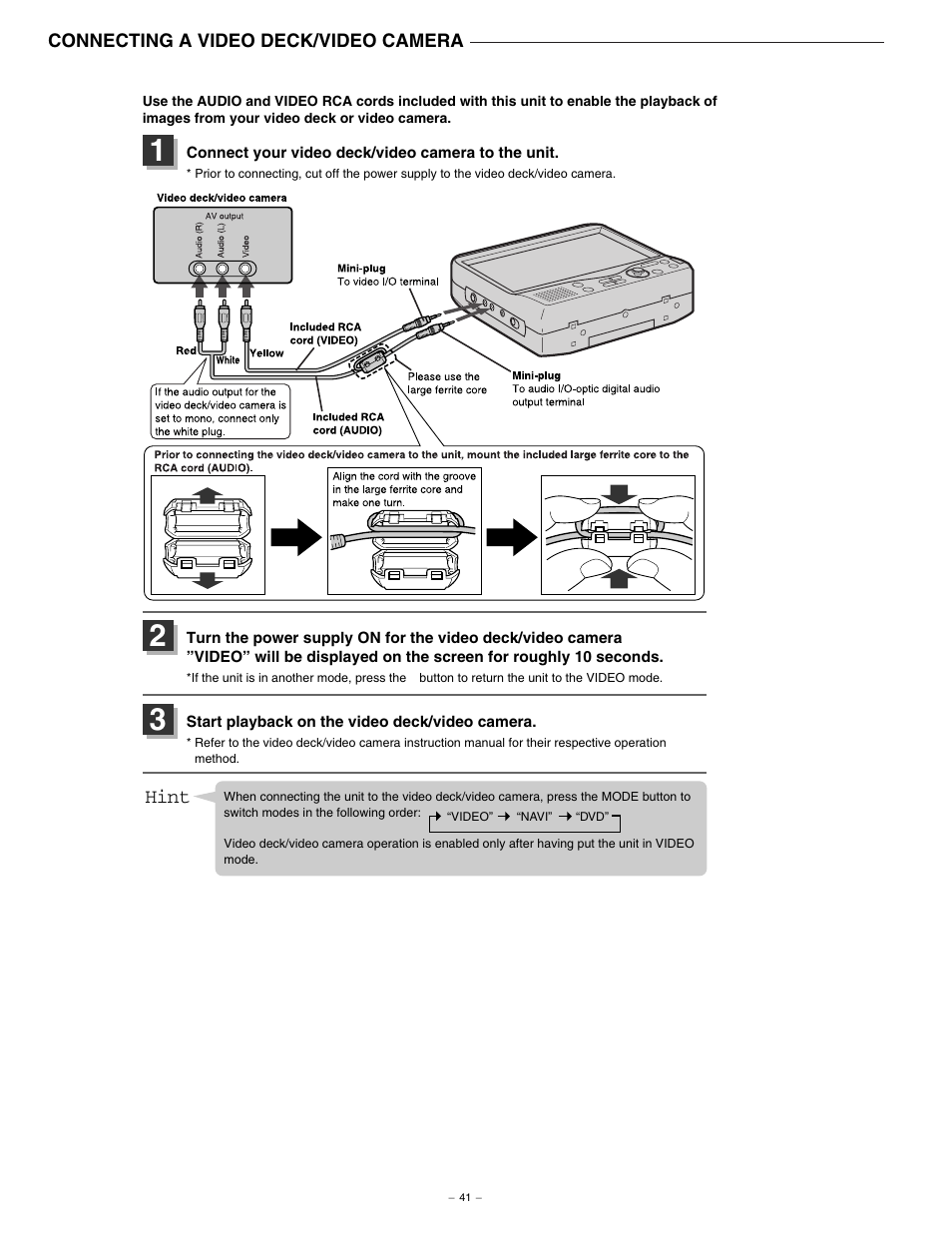 Connecting a video deck/video camera, Hint | Sanyo NV-E7000 User Manual | Page 42 / 68