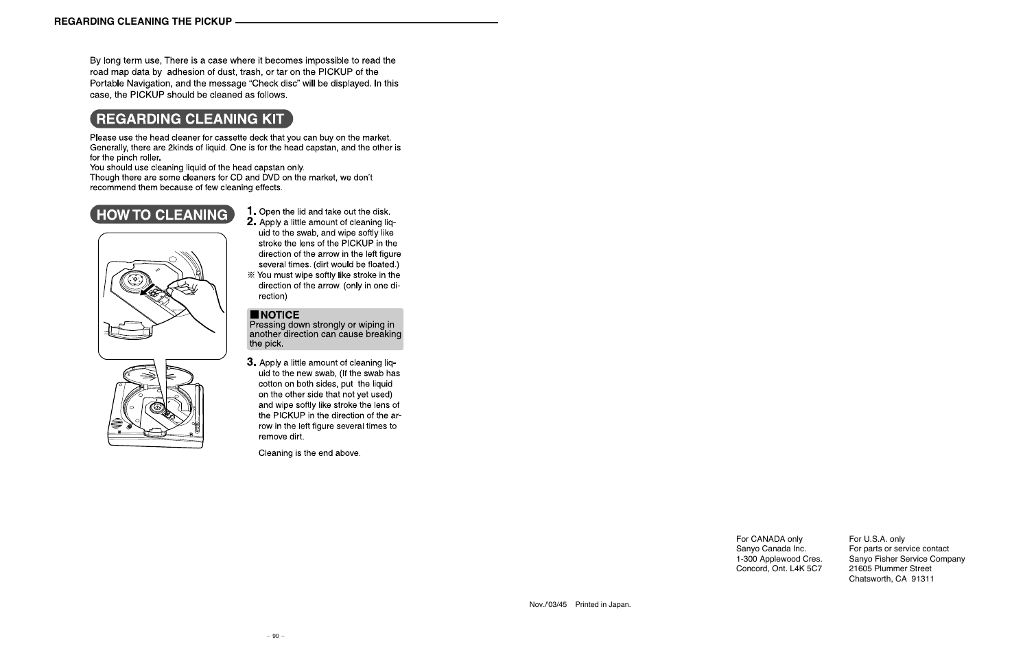 Regarding cleaning the pickup | Sanyo NV-E7000 User Manual | Page 68 / 68