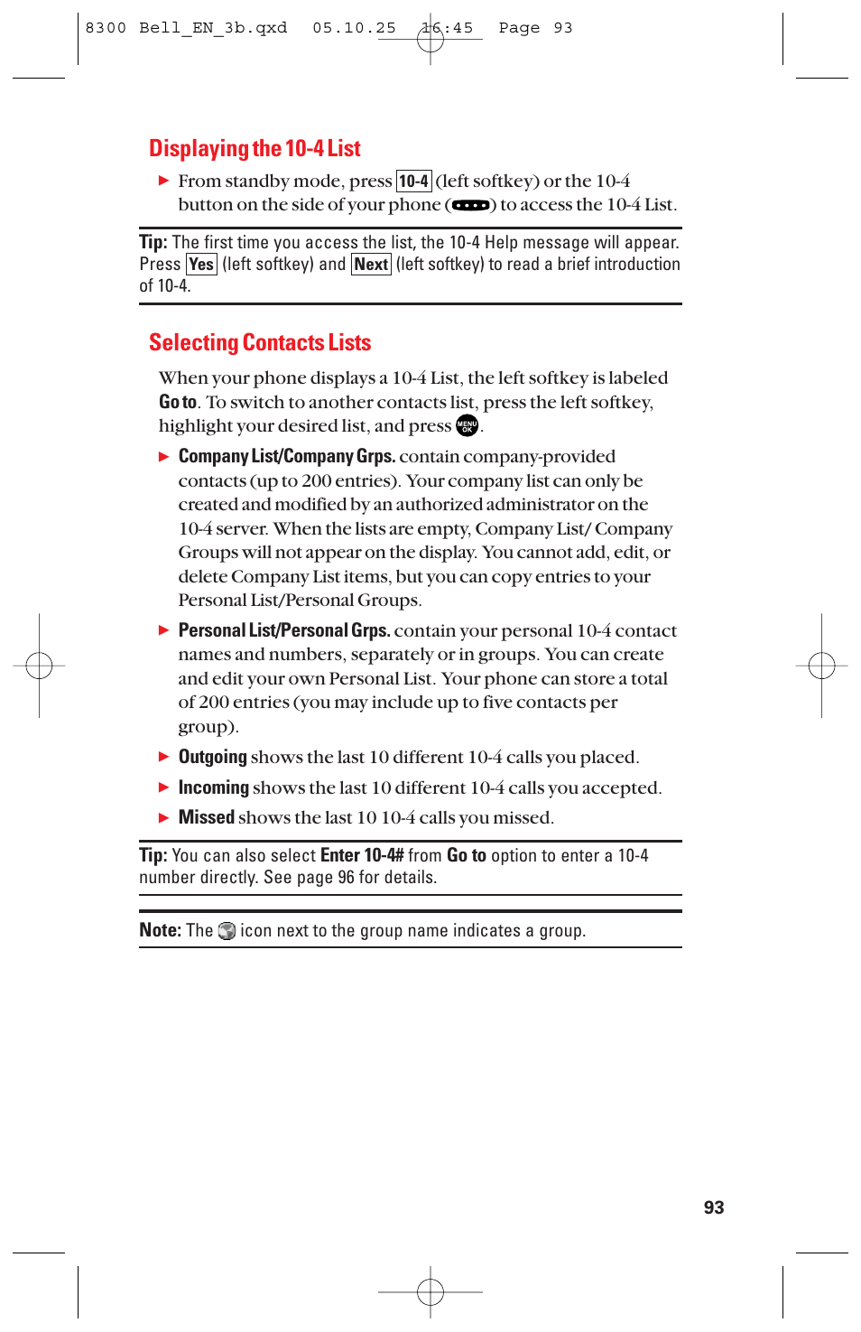 Displaying the 10-4 list, Selecting contacts lists | Sanyo scp8300 User Manual | Page 100 / 179