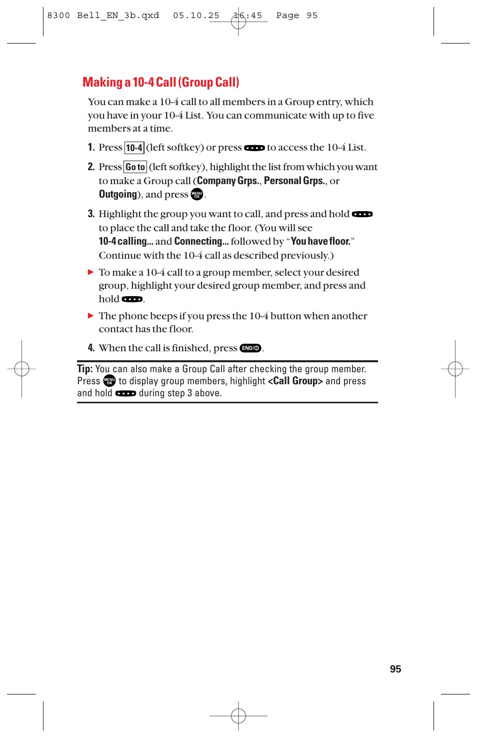 Making a 10-4 call (group call) | Sanyo scp8300 User Manual | Page 102 / 179