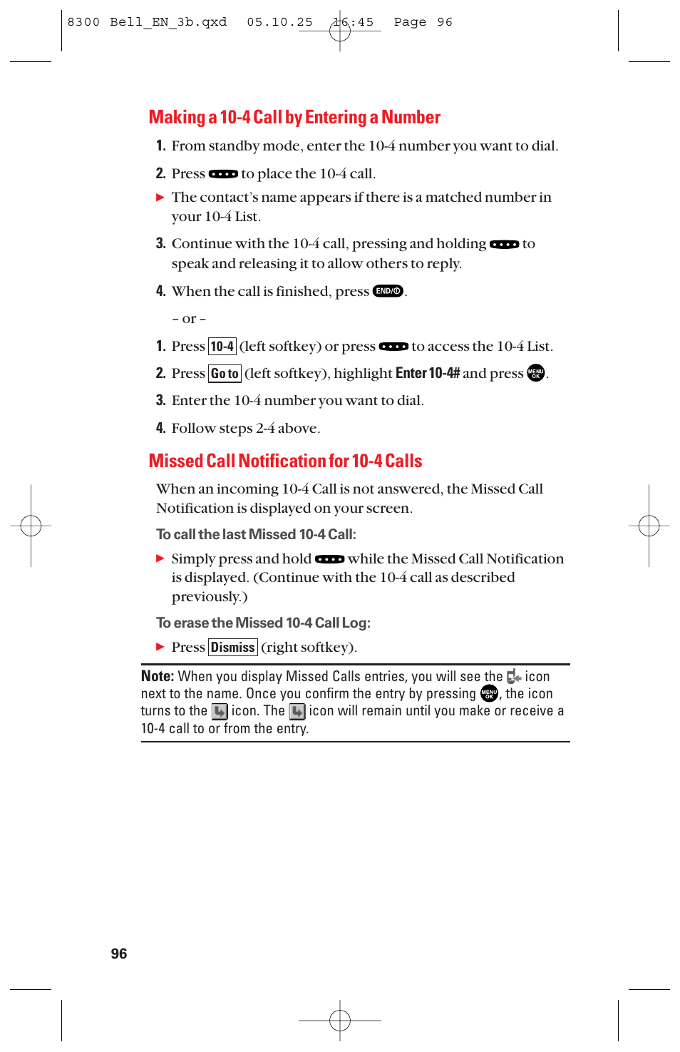 Making a 10-4 call by entering a number, Missed call notification for 10-4 calls | Sanyo scp8300 User Manual | Page 103 / 179