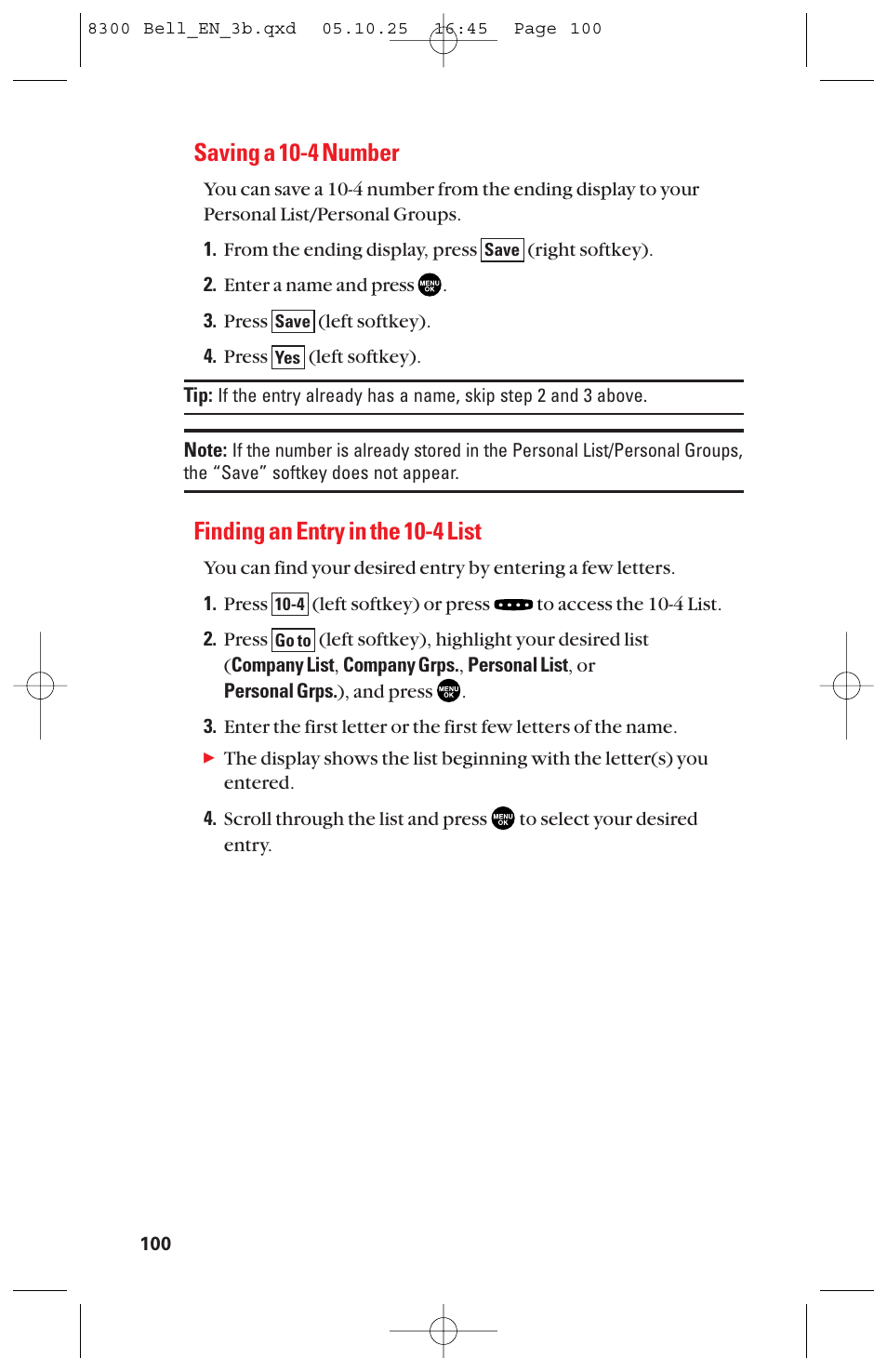 Saving a 10-4 number, Finding an entry in the 10-4 list | Sanyo scp8300 User Manual | Page 107 / 179