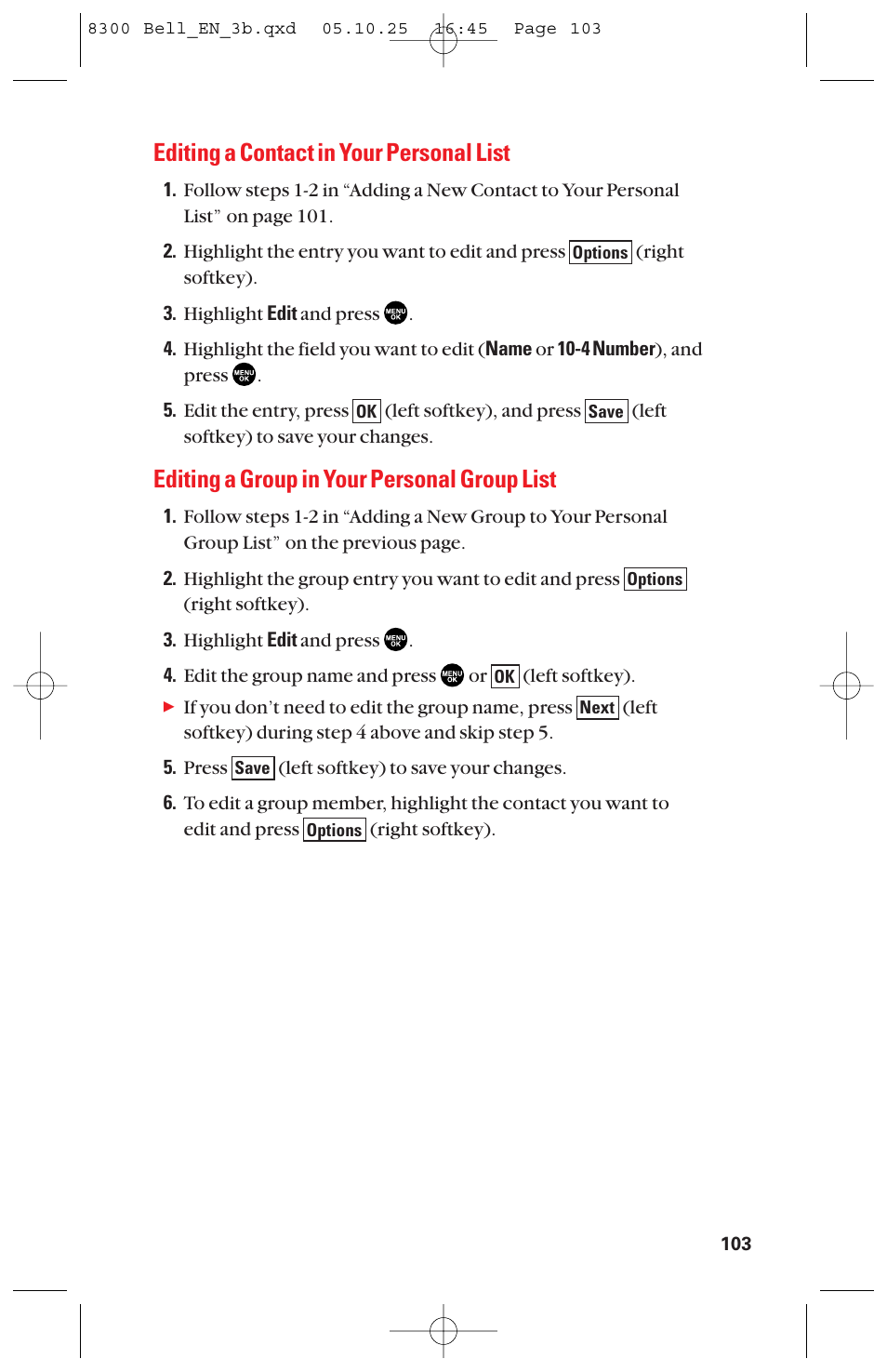 Editing a contact in your personal list, Editing a group in your personal group list | Sanyo scp8300 User Manual | Page 110 / 179