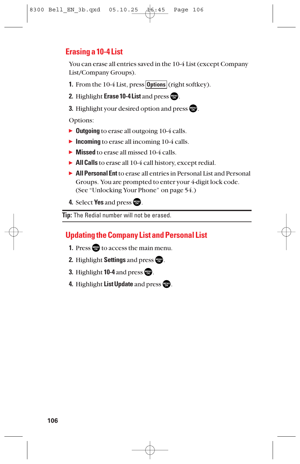 Erasing a 10-4 list, Updating the company list and personal list | Sanyo scp8300 User Manual | Page 113 / 179