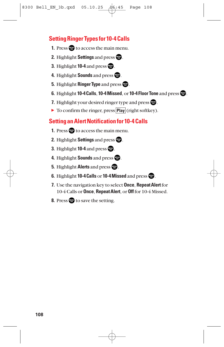 Setting ringer types for 10-4 calls, Setting an alert notification for 10-4 calls | Sanyo scp8300 User Manual | Page 115 / 179