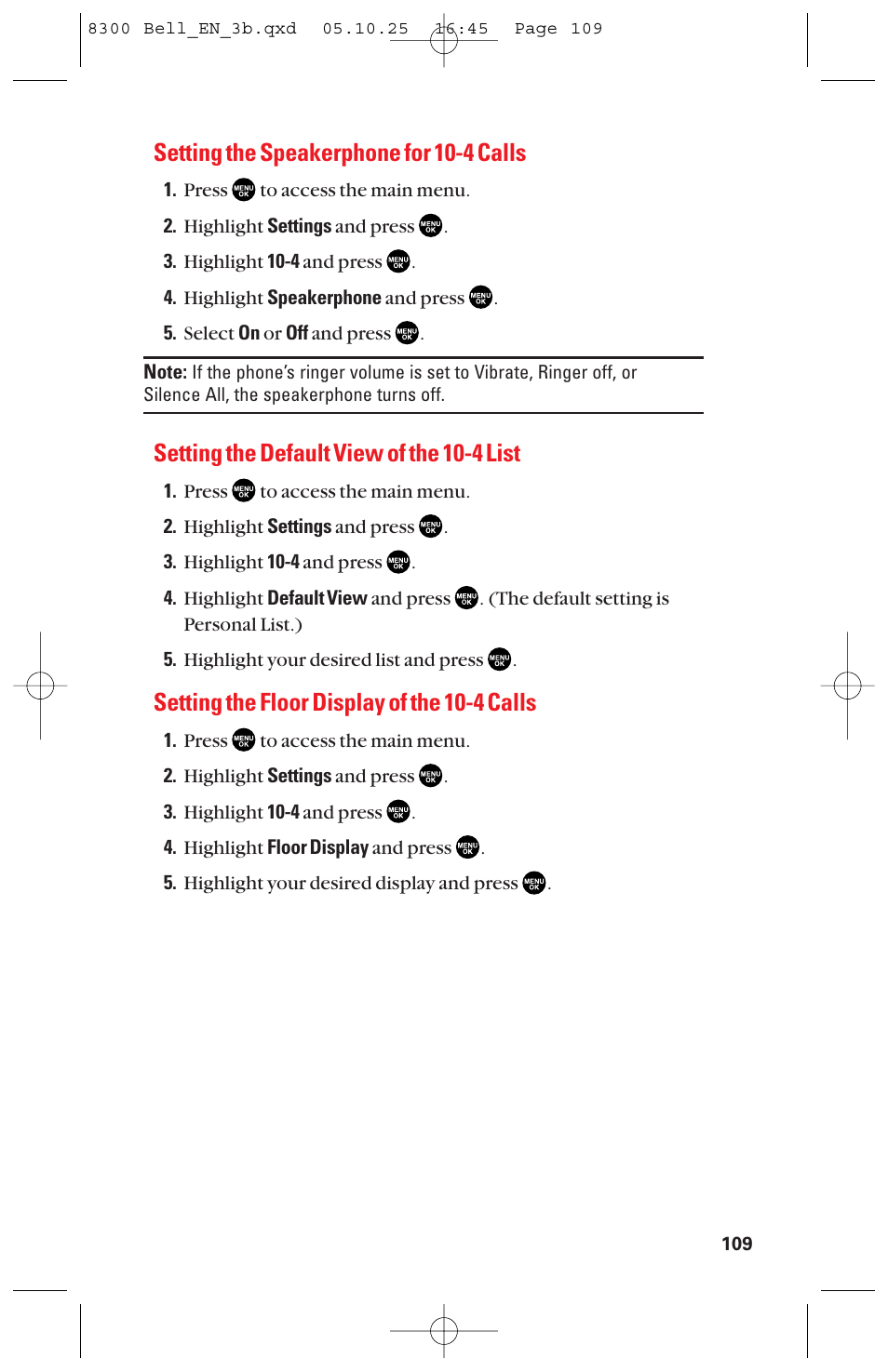 Setting the speakerphone for 10-4 calls, Setting the default view of the 10-4 list, Setting the floor display of the 10-4 calls | Sanyo scp8300 User Manual | Page 116 / 179