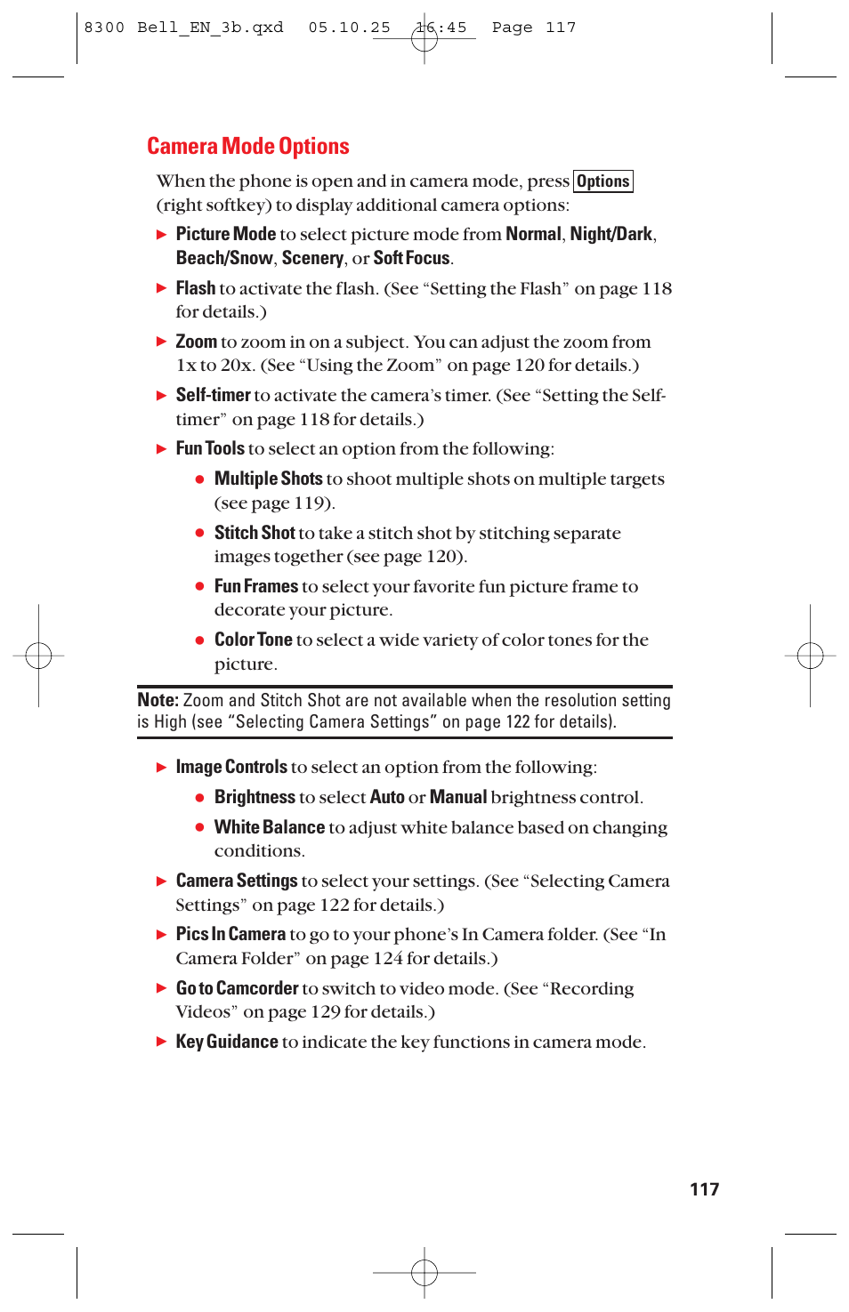 Camera mode options, Fun tools to select an option from the following | Sanyo scp8300 User Manual | Page 124 / 179