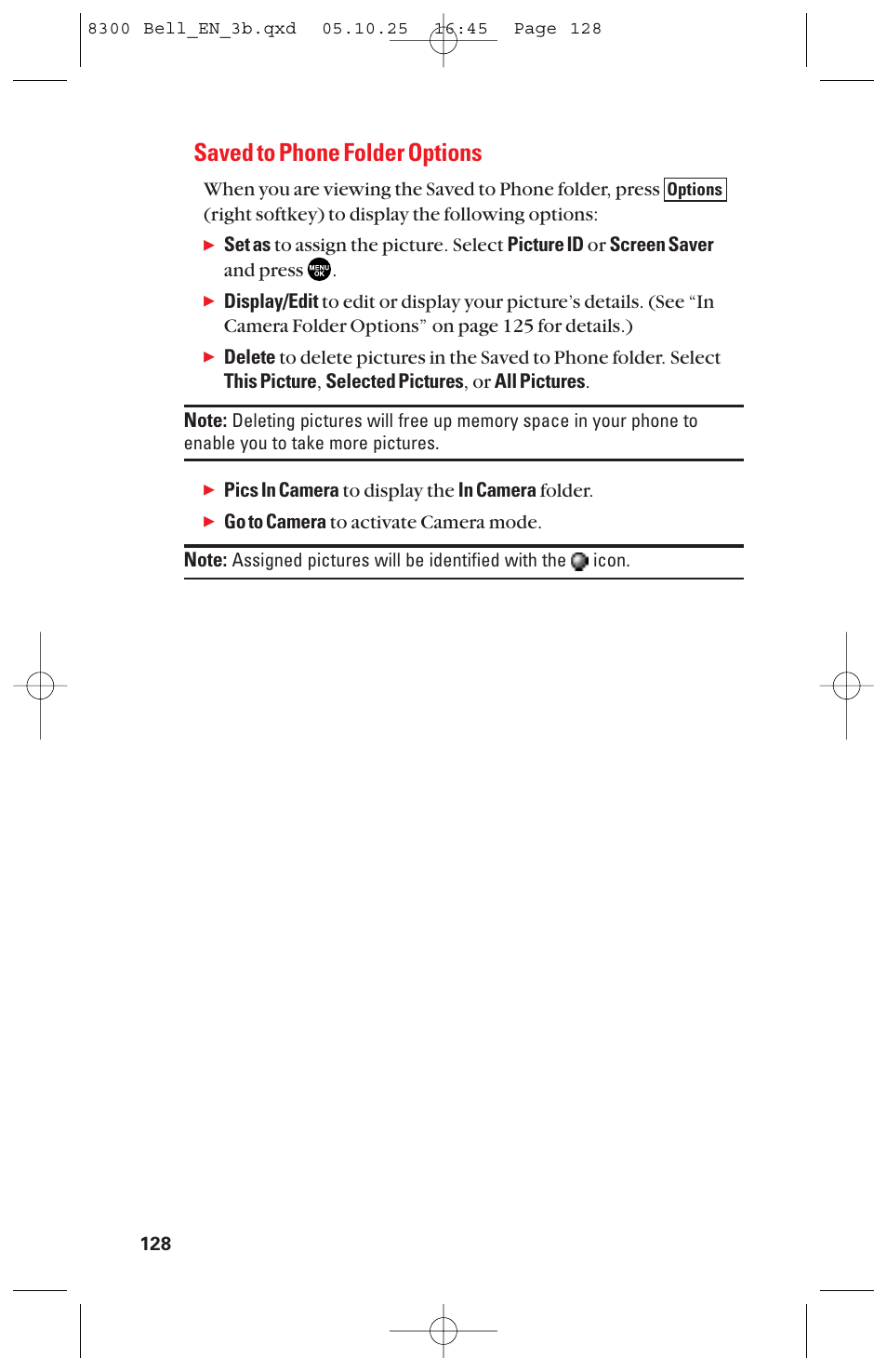 Saved to phone folder options | Sanyo scp8300 User Manual | Page 135 / 179