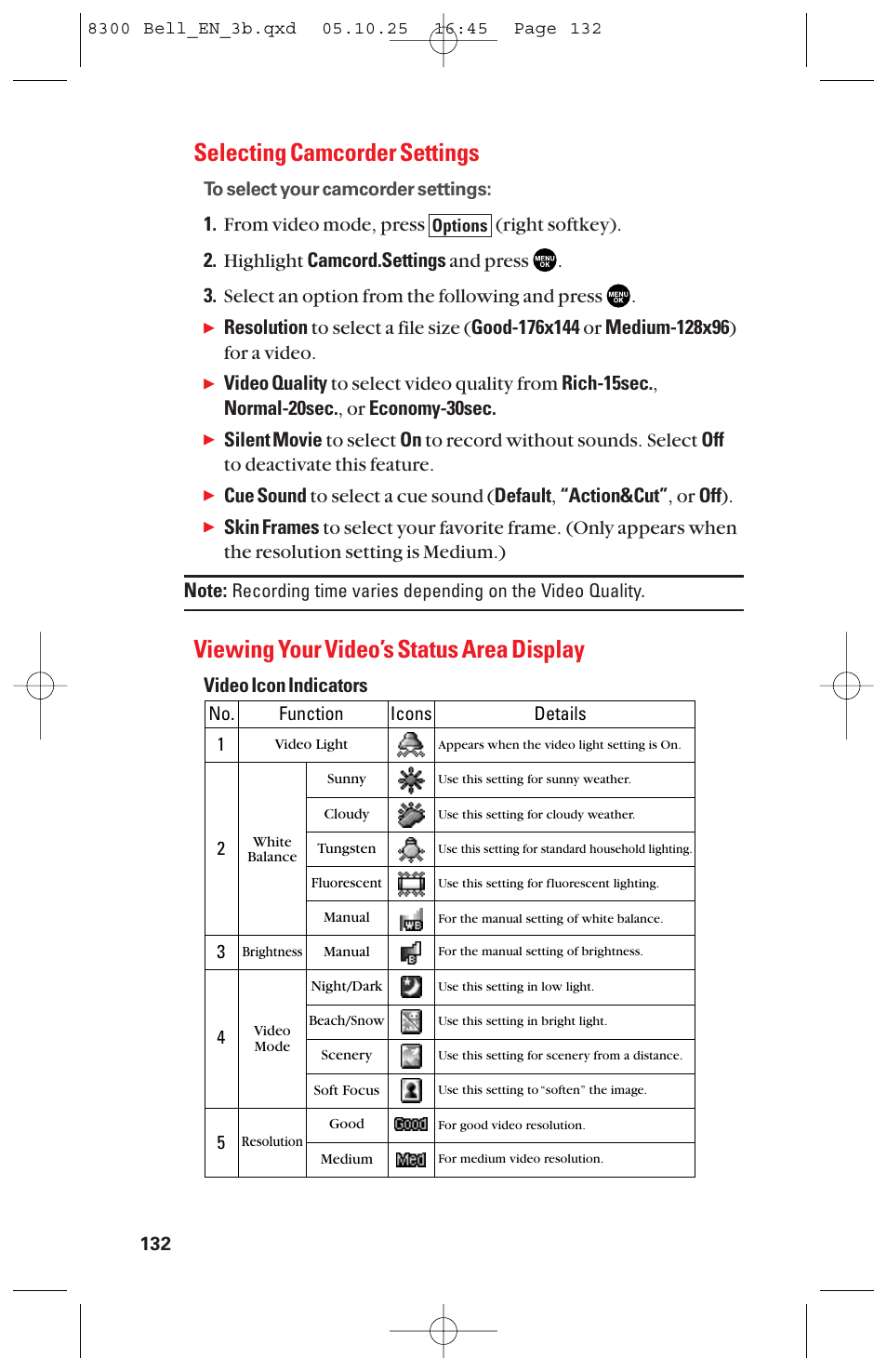 Selecting camcorder settings, Viewing your video’s status area display, Video icon indicators | Sanyo scp8300 User Manual | Page 139 / 179