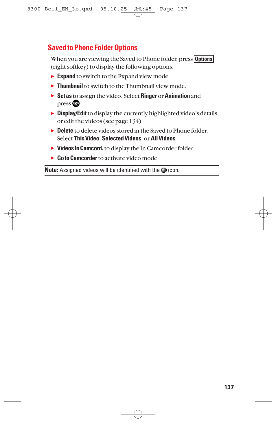 Saved to phone folder options | Sanyo scp8300 User Manual | Page 144 / 179