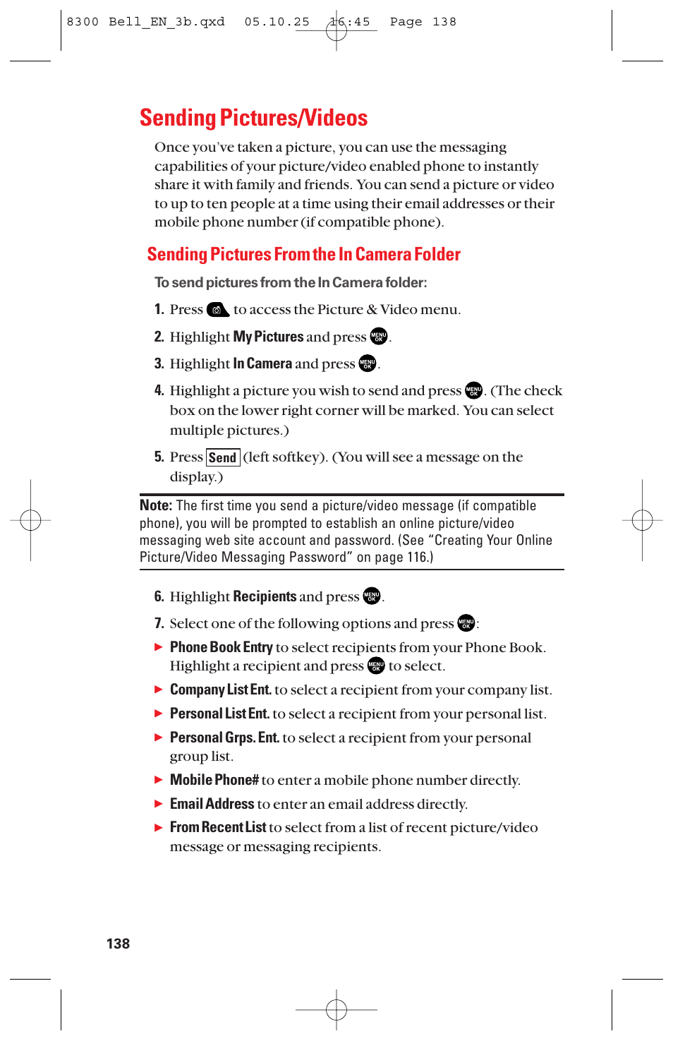 Sending pictures/videos, Sending pictures from the in camera folder | Sanyo scp8300 User Manual | Page 145 / 179