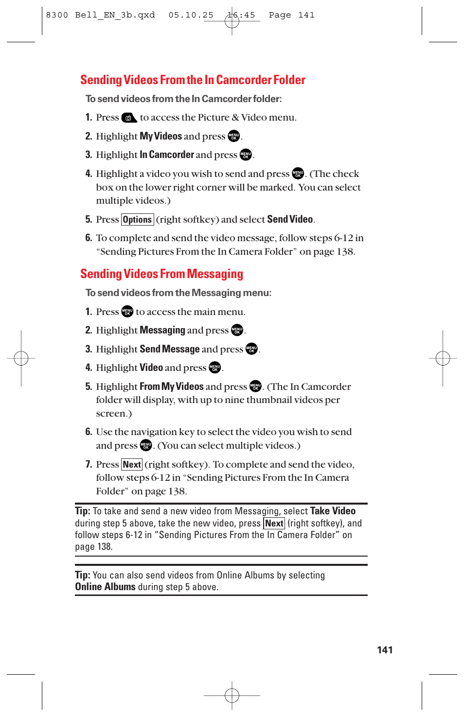 Sending videos from the in camcorder folder, Sending videos from messaging | Sanyo scp8300 User Manual | Page 148 / 179