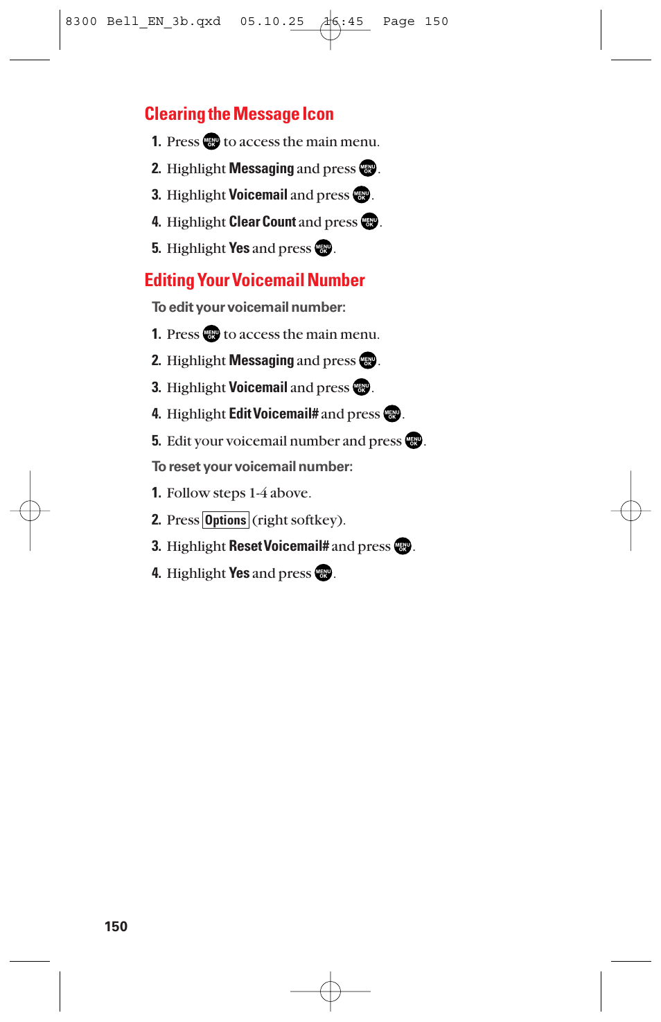 Clearing the message icon, Editing your voicemail number | Sanyo scp8300 User Manual | Page 157 / 179