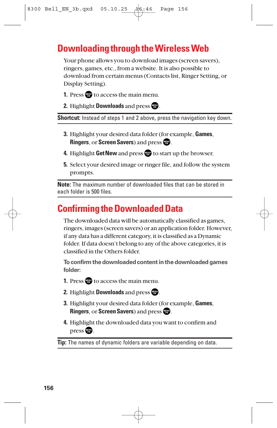 Downloading through the wireless web, Confirming the downloaded data | Sanyo scp8300 User Manual | Page 163 / 179