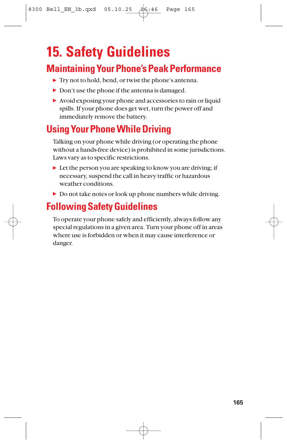 Safety guidelines, Maintaining your phone’s peak performance, Using your phone while driving | Following safety guidelines | Sanyo scp8300 User Manual | Page 172 / 179