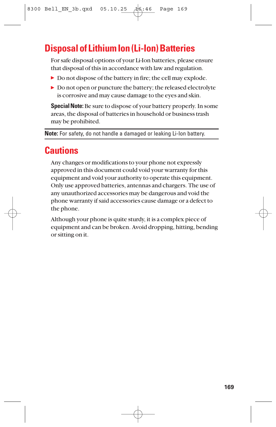 Disposal of lithium ion (li-ion) batteries, Cautions | Sanyo scp8300 User Manual | Page 176 / 179