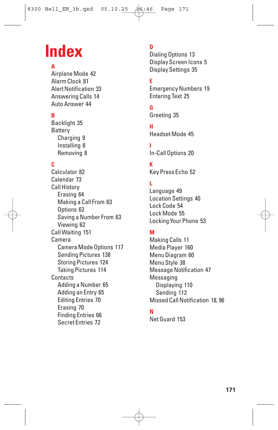 Index | Sanyo scp8300 User Manual | Page 178 / 179