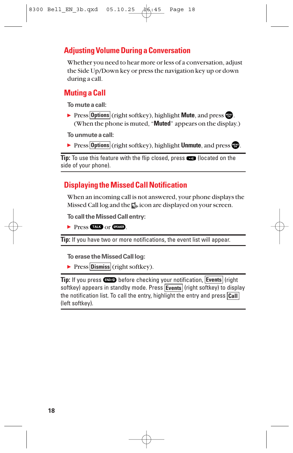 Adjusting volume during a conversation, Muting a call, Displaying the missed call notification | Sanyo scp8300 User Manual | Page 25 / 179