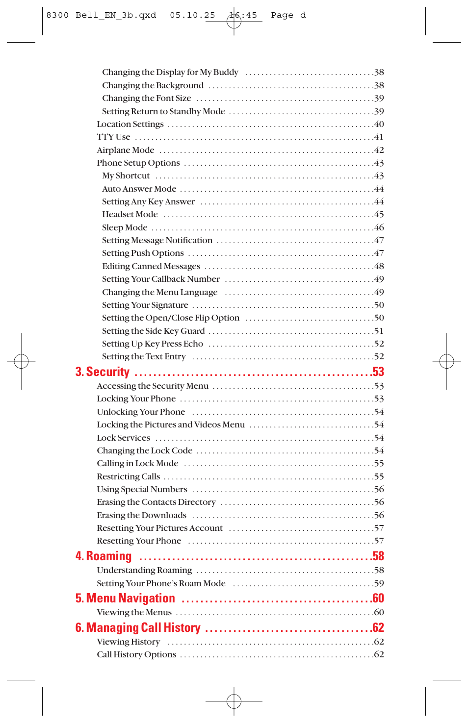 Security, Roaming, Menu navigation | Managing call history | Sanyo scp8300 User Manual | Page 3 / 179