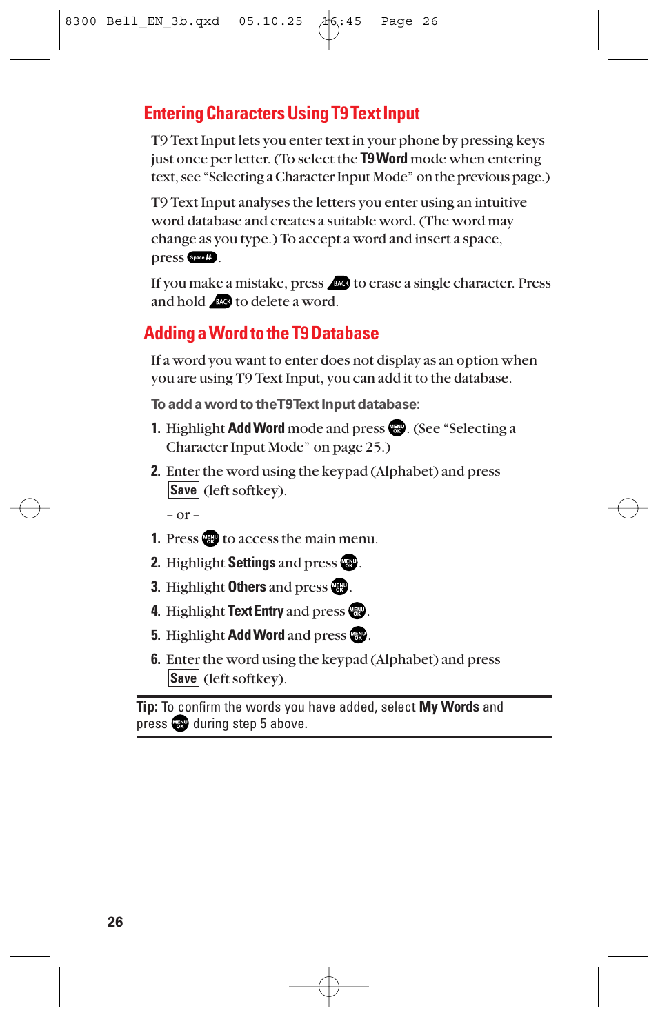 Entering characters using t9 text input, Adding a word to the t9 database | Sanyo scp8300 User Manual | Page 33 / 179